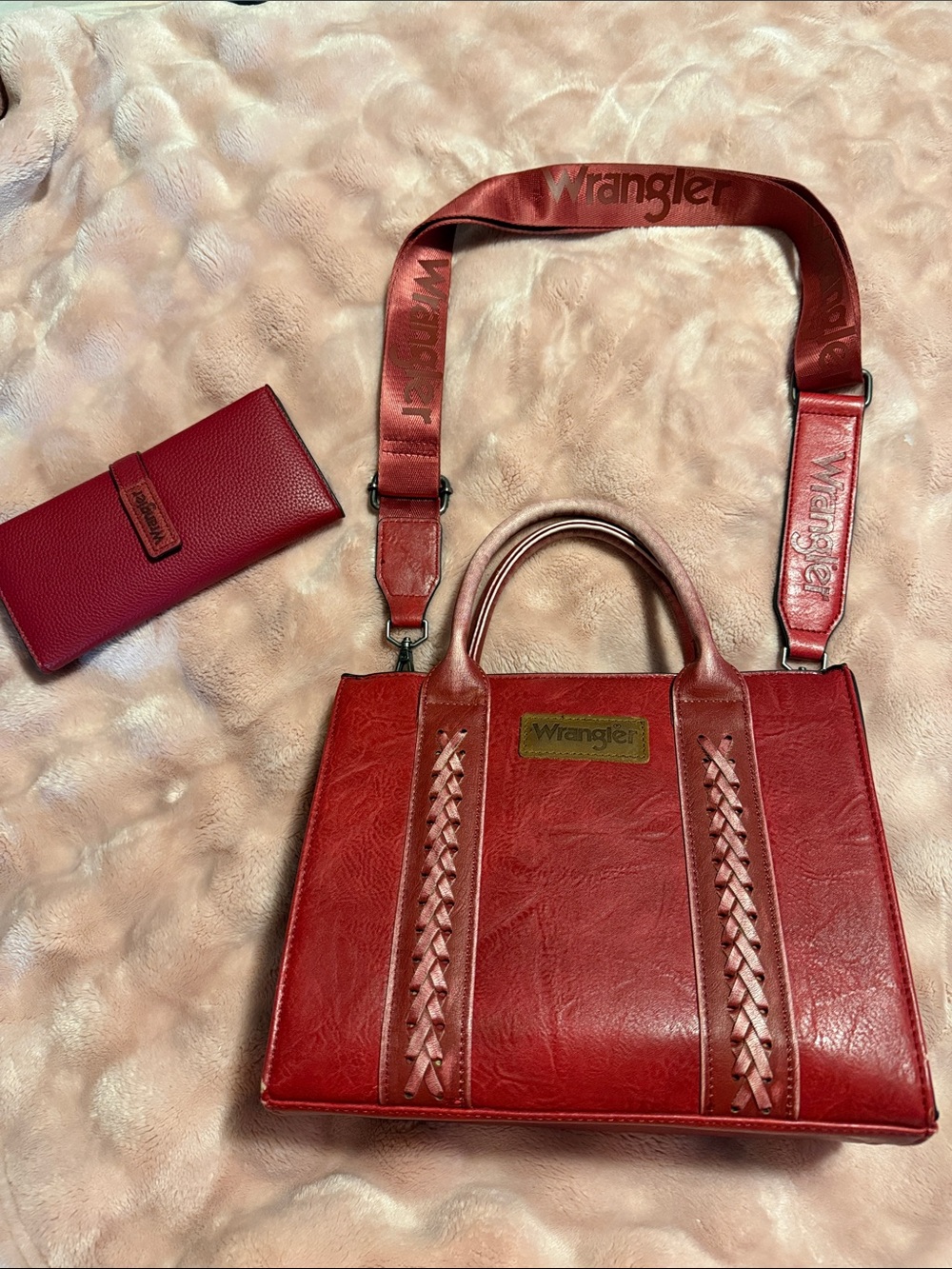 Wrangler Red Leather Satchel with Branded Strap